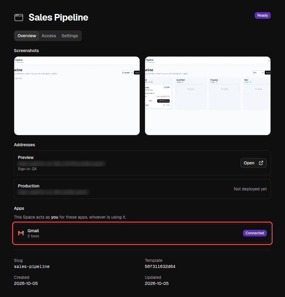 A Space's page with Gmail listed under Apps as connected