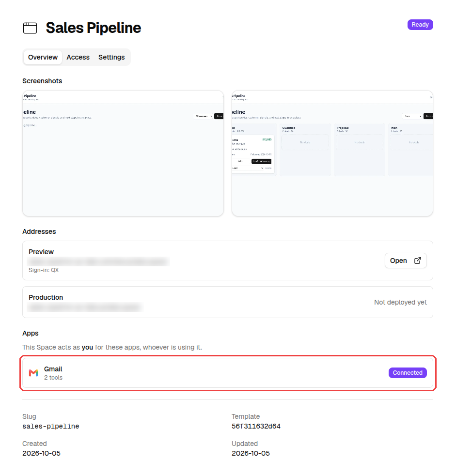 A Space's page with Gmail listed under Apps as connected