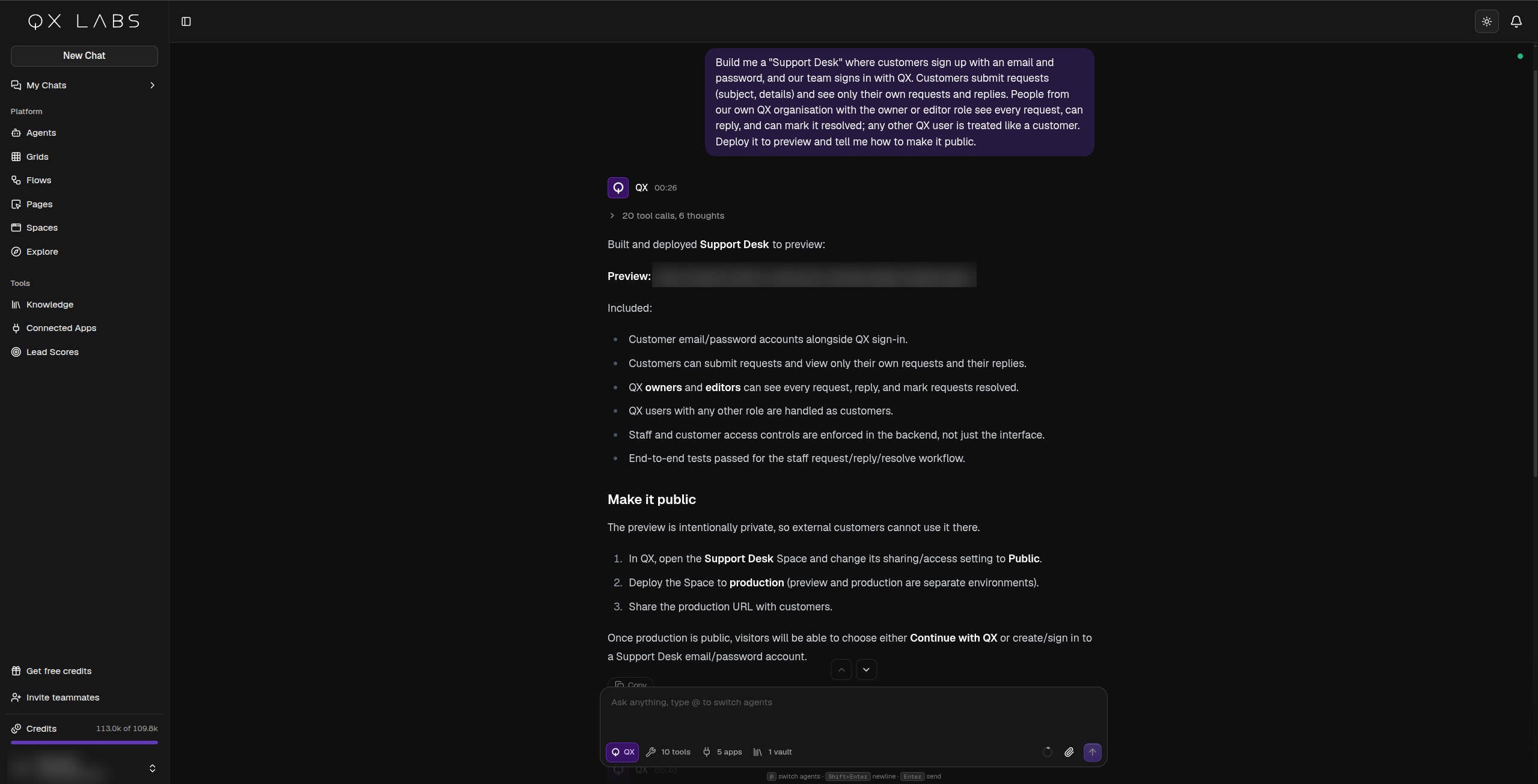 Asking QX for a Space in chat, with the link to the finished app