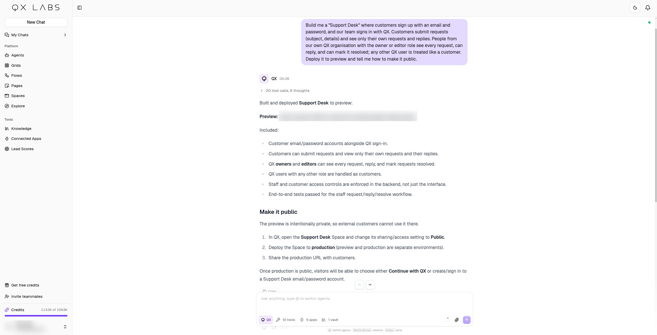 Asking QX for a Space in chat, with the link to the finished app