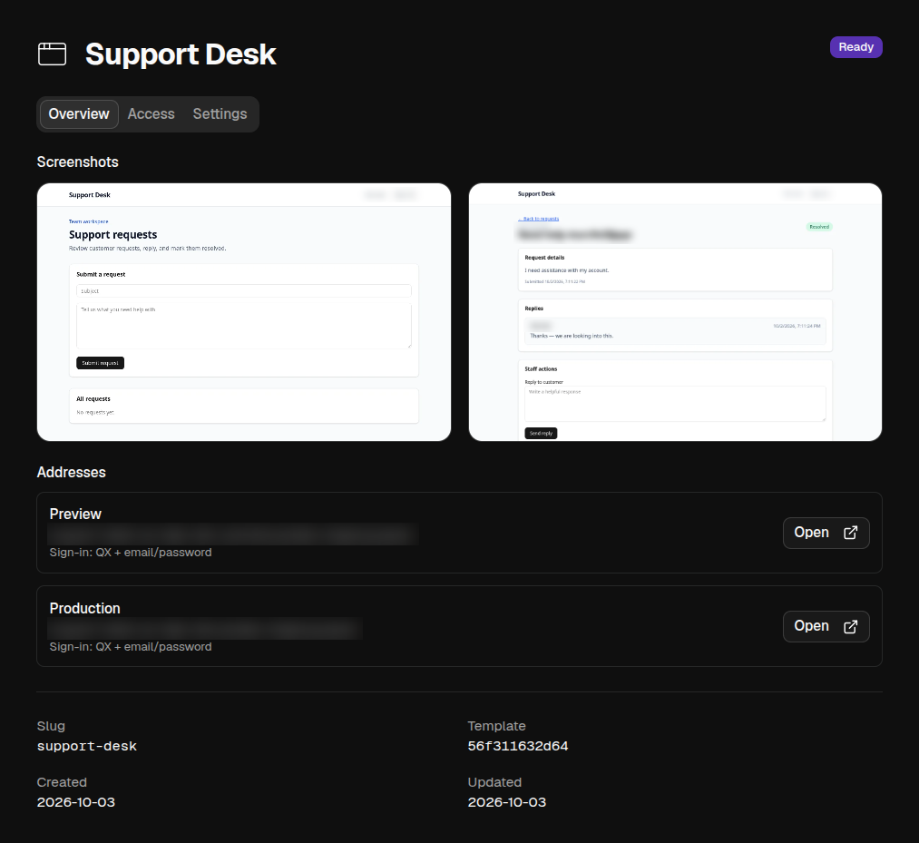 A Space's page, with screenshots of the app and its preview and production addresses