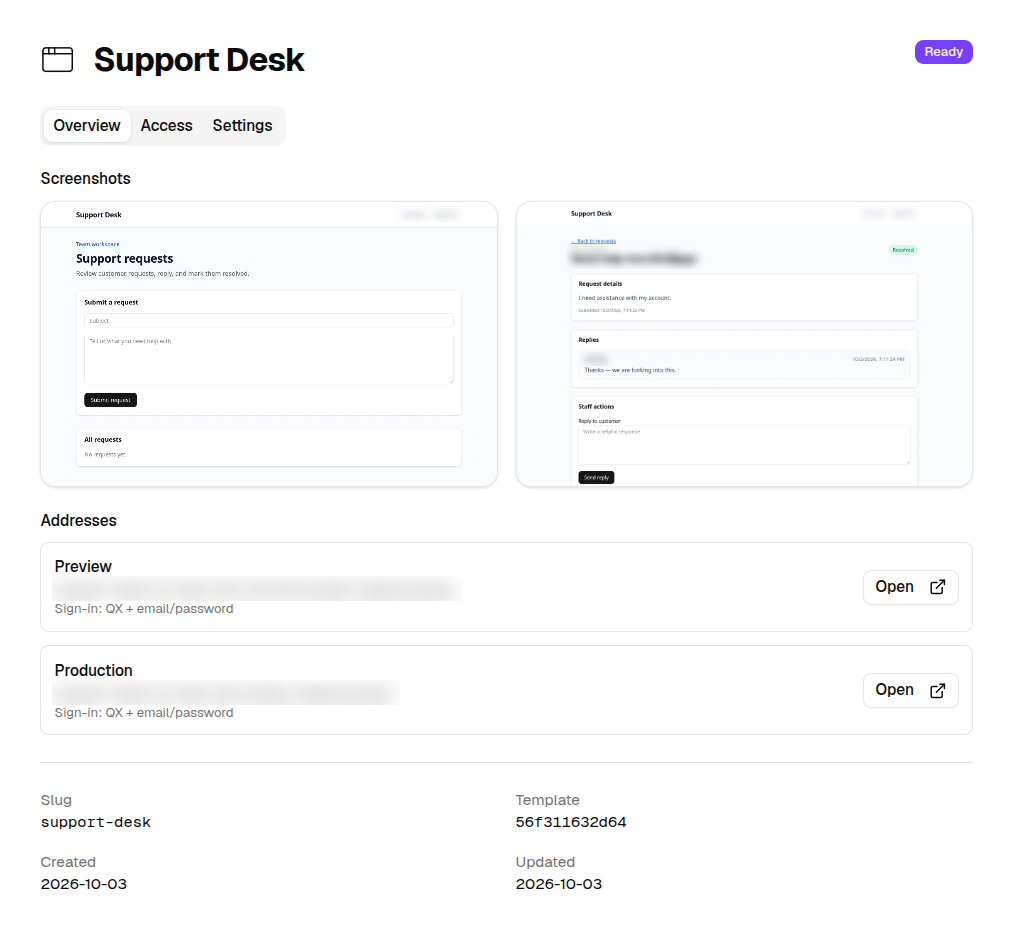 A Space's page, with screenshots of the app and its preview and production addresses