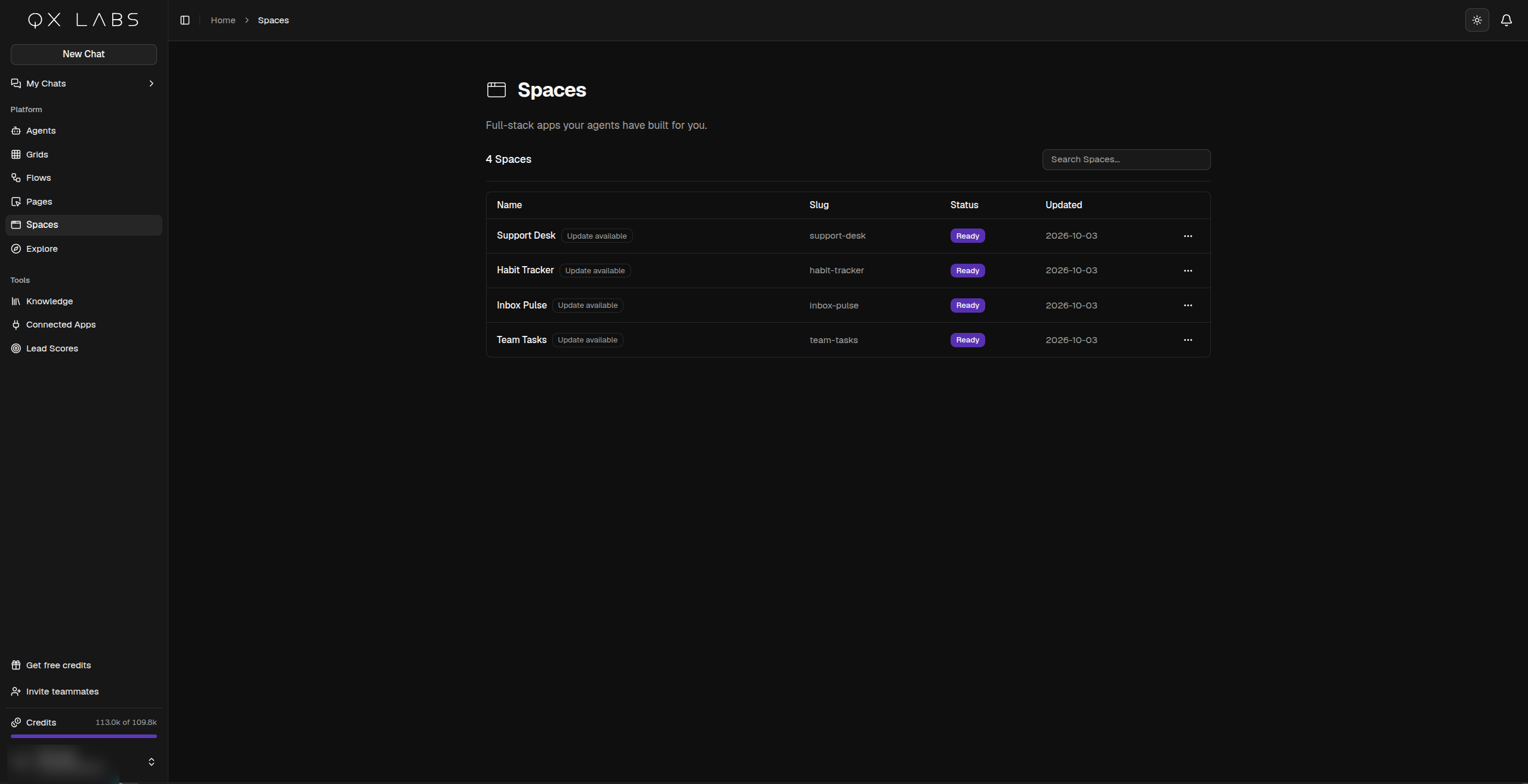 The Spaces page listing your Spaces