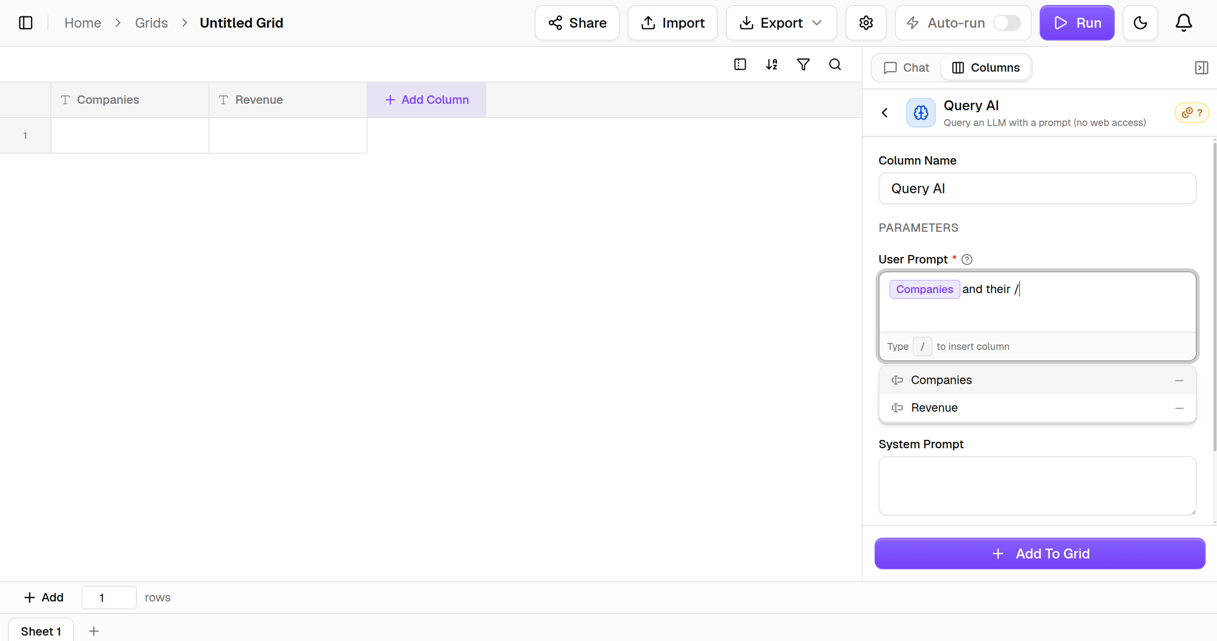 The column picker that opens when you type / in a processor field