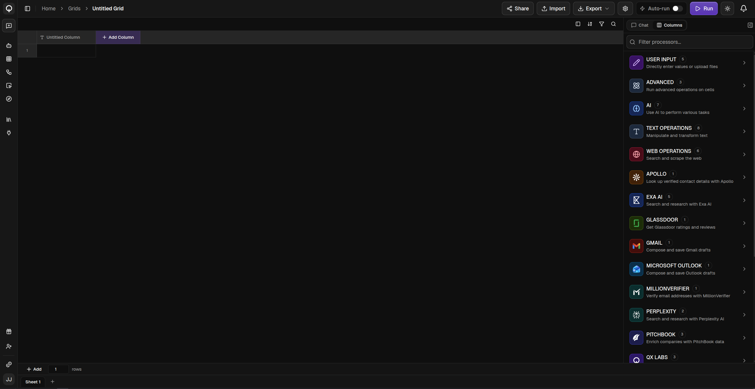 The processor pane with its categories and search box