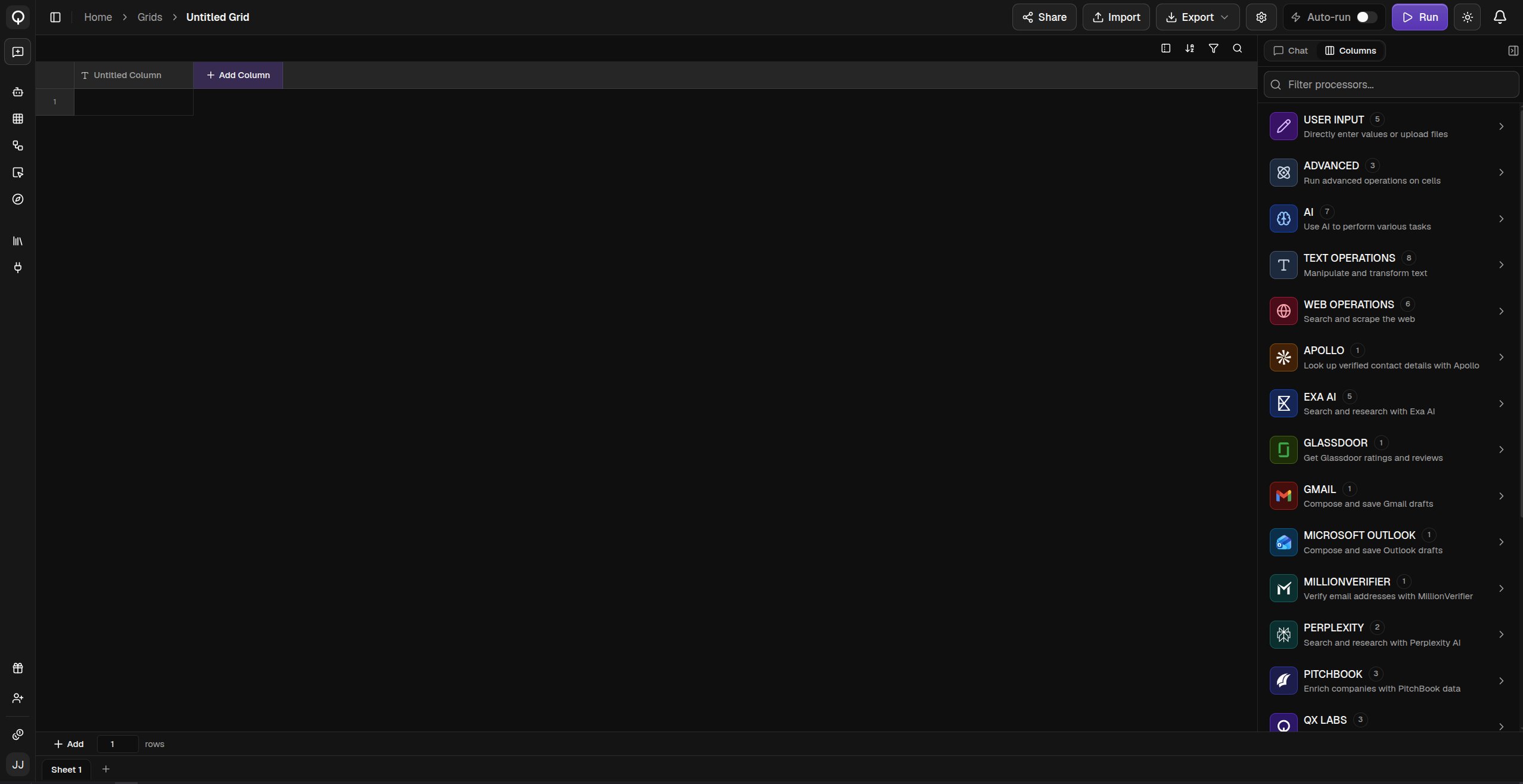 The processor pane with its categories and search box