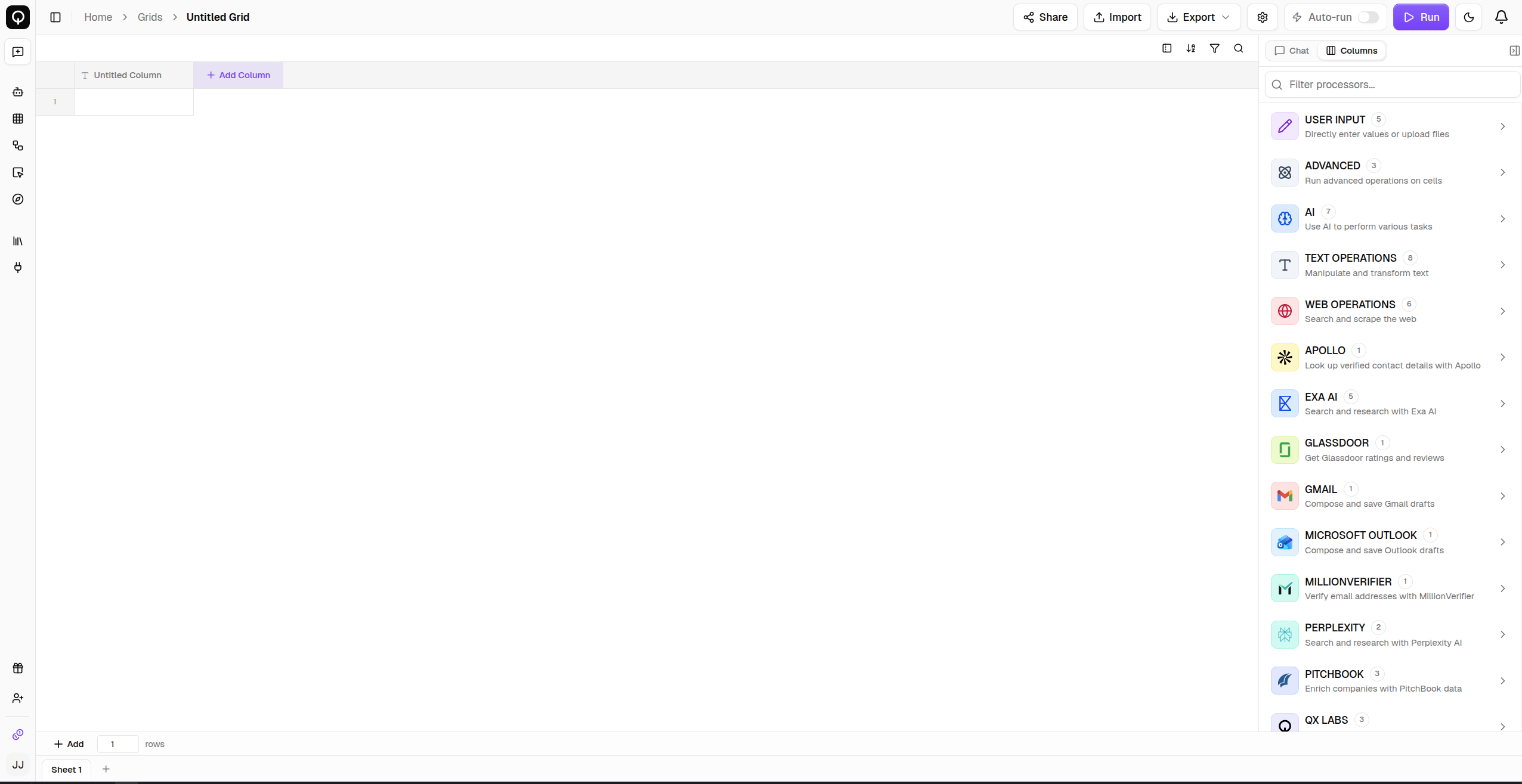 The processor pane with its categories and search box