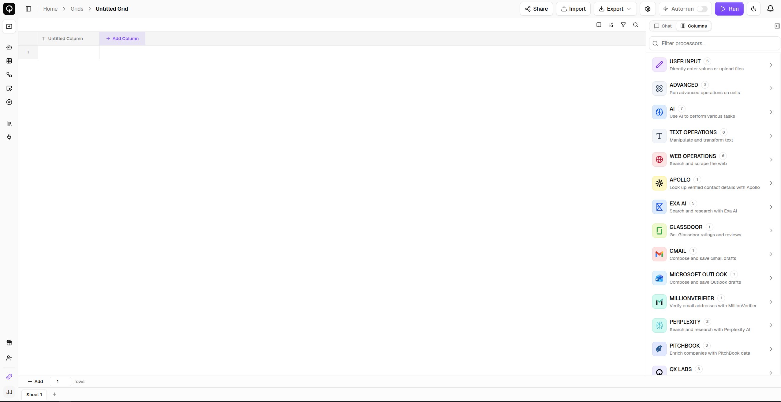 The processor pane with its categories and search box