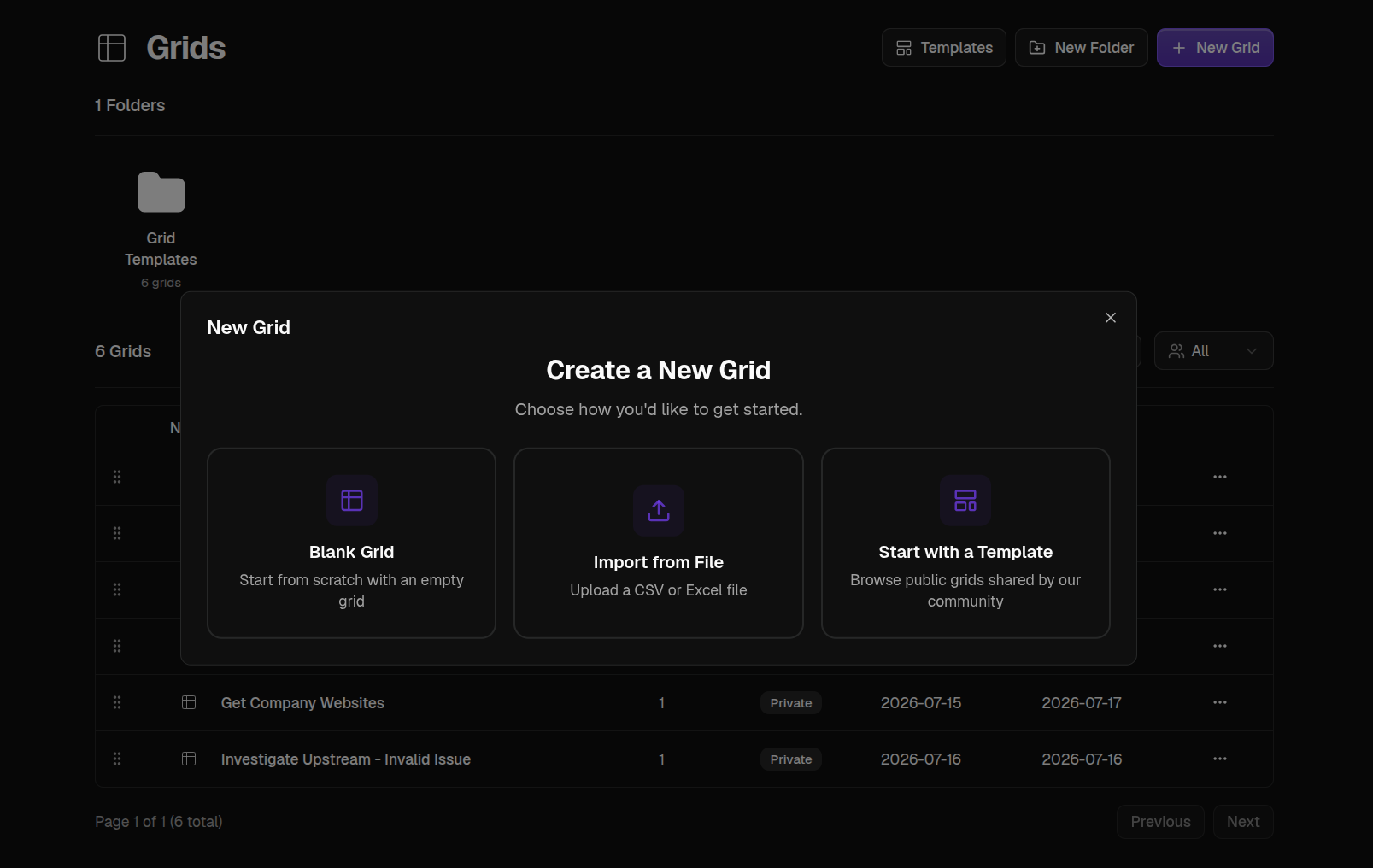 The Create a New Grid screen with its three ways to start