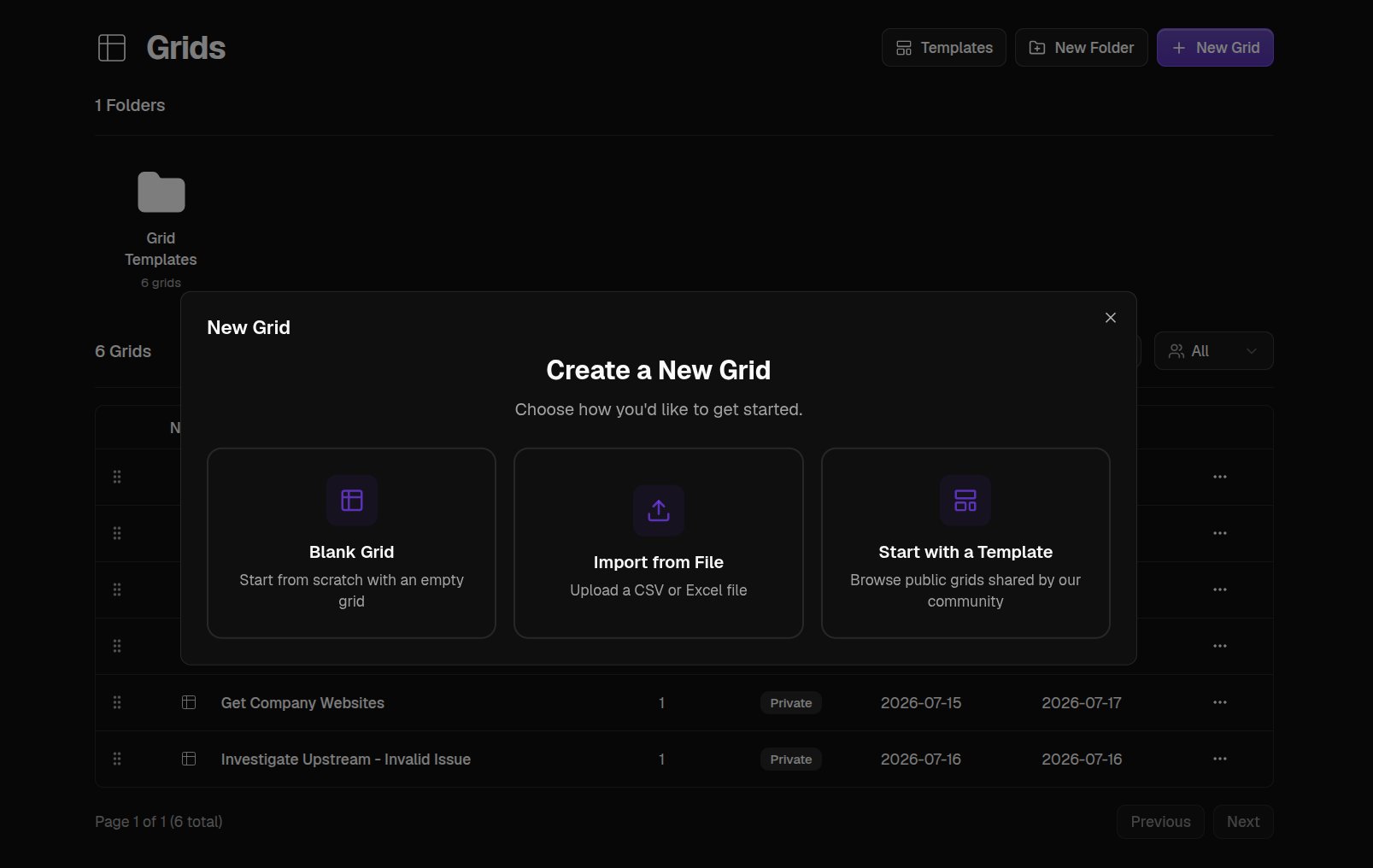 The Create a New Grid screen with its three ways to start
