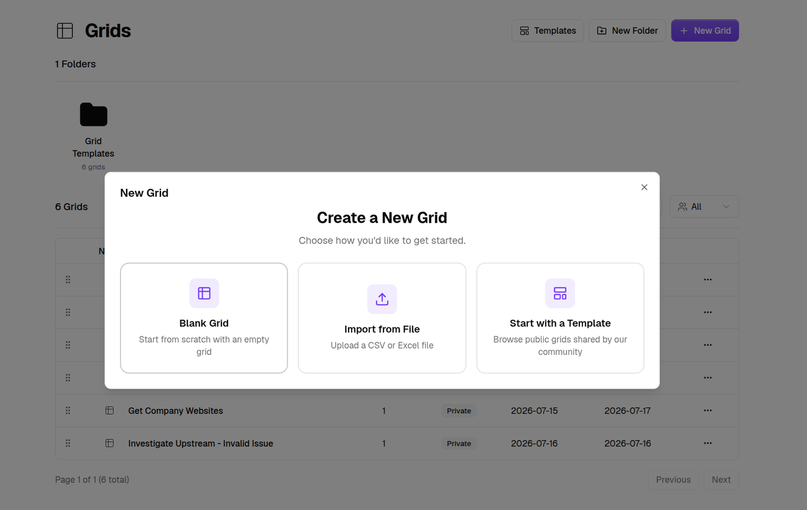 The Create a New Grid screen with its three ways to start