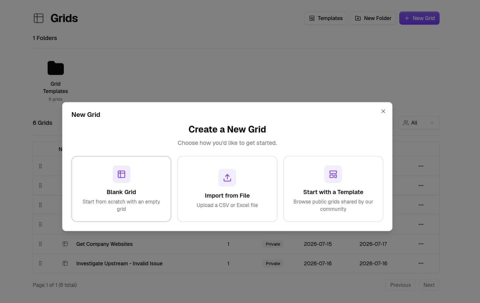 The Create a New Grid screen with its three ways to start