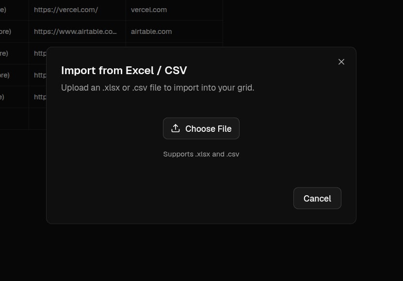 The Import from Excel / CSV dialog