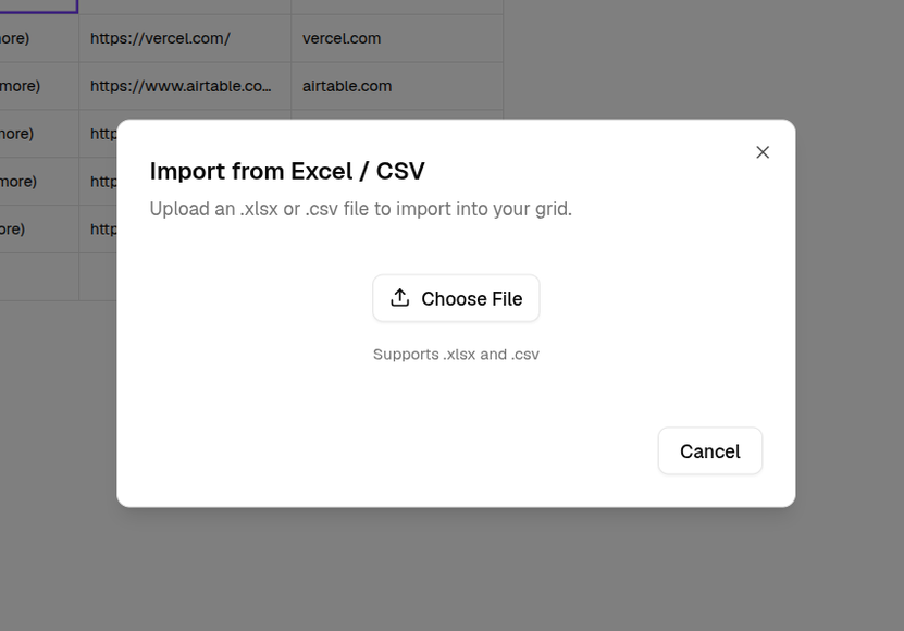 The Import from Excel / CSV dialog