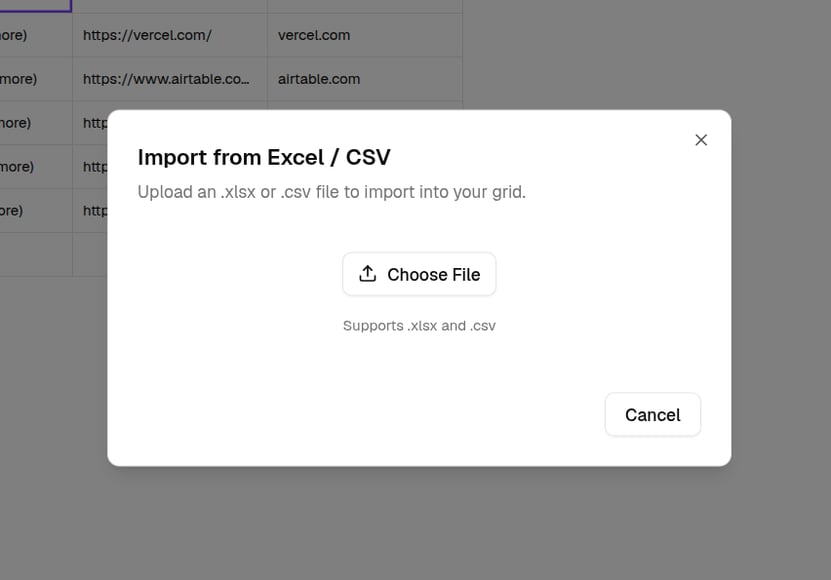 The Import from Excel / CSV dialog
