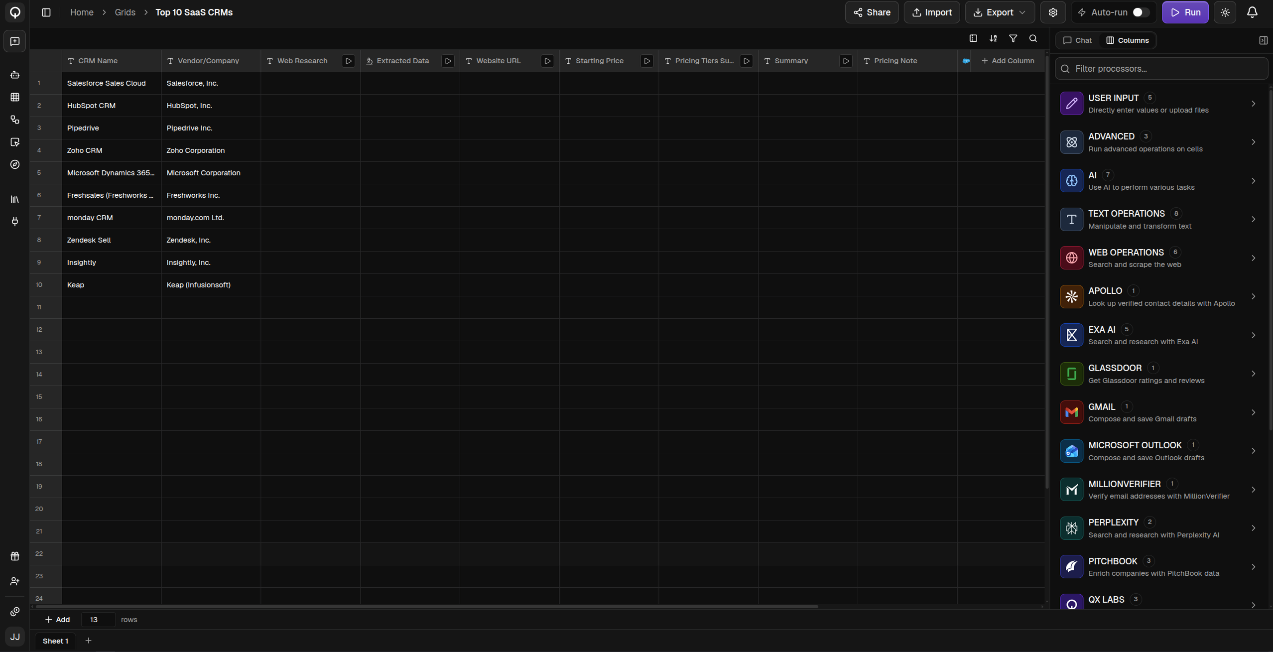 The grid editor with a filled grid and the processor pane open