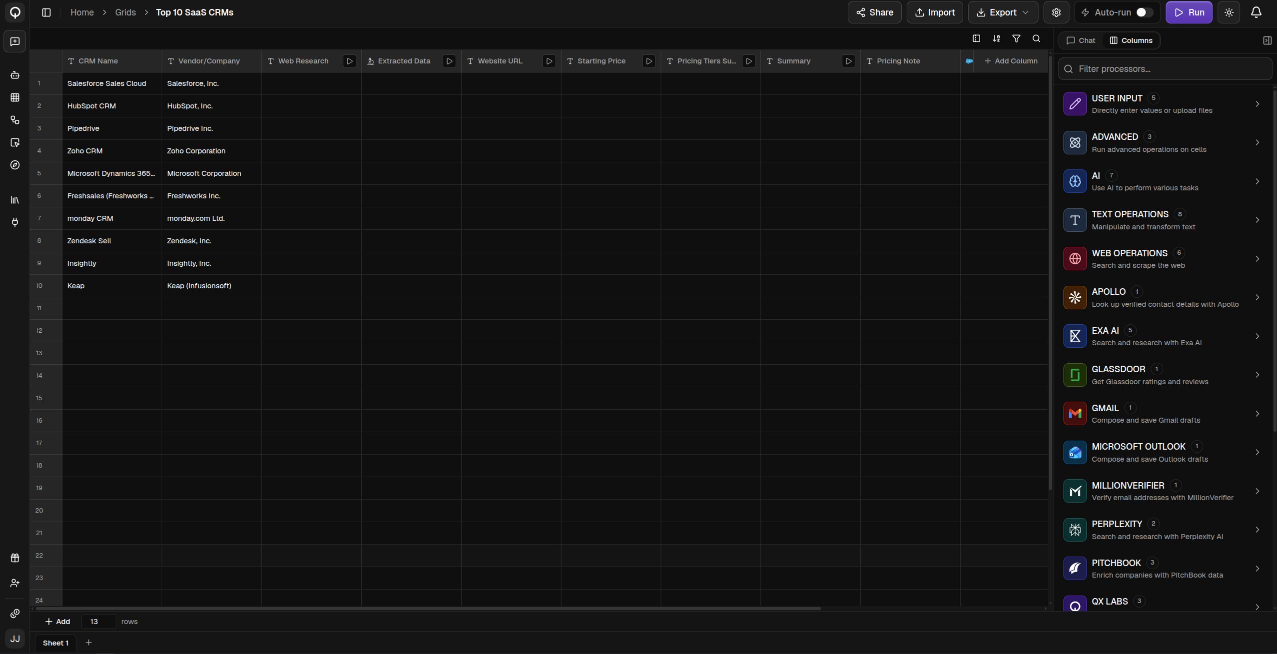 The grid editor with a filled grid and the processor pane open