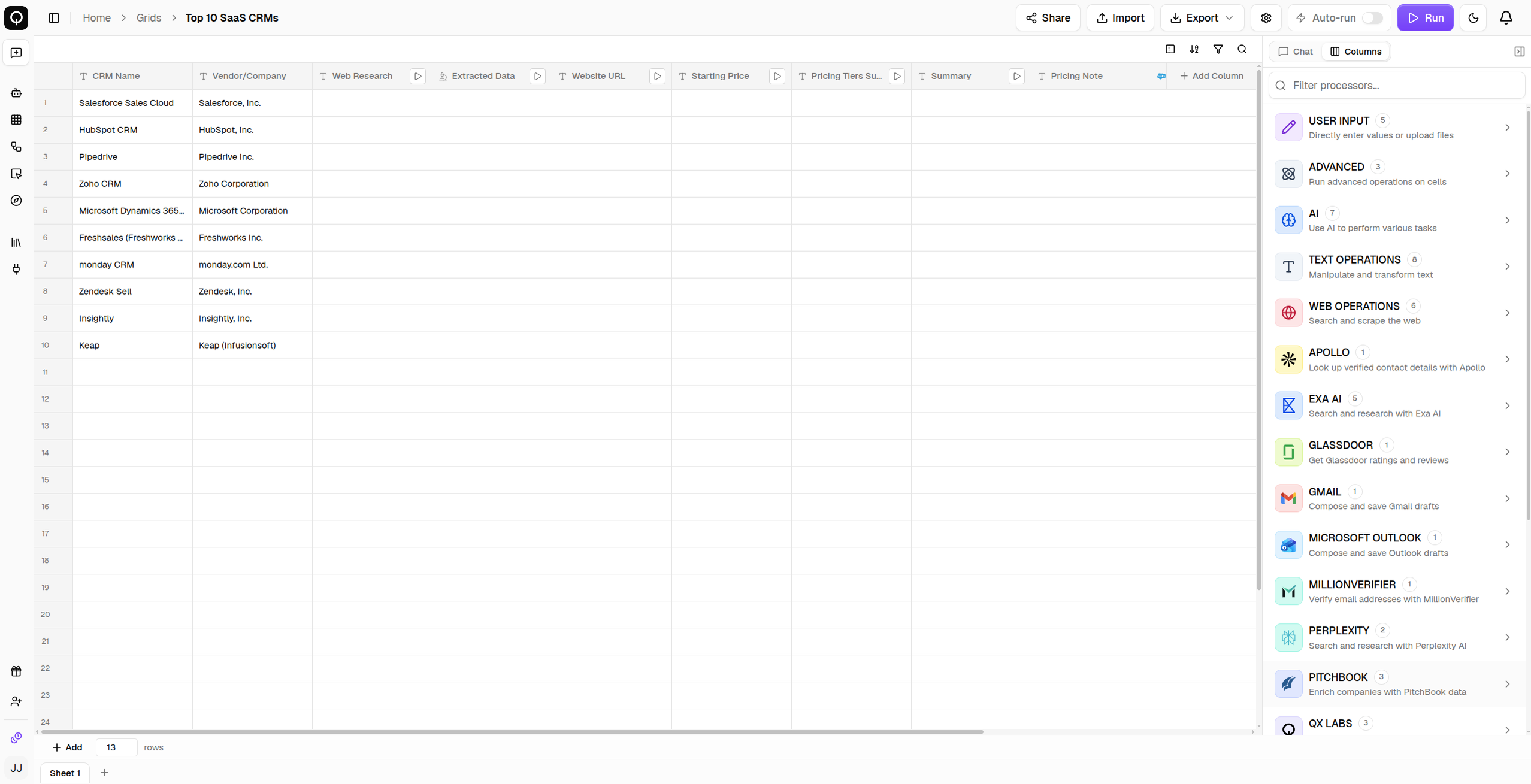 The grid editor with a filled grid and the processor pane open