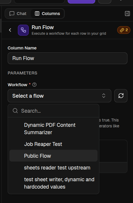 A Run Flow column with the flow picker open