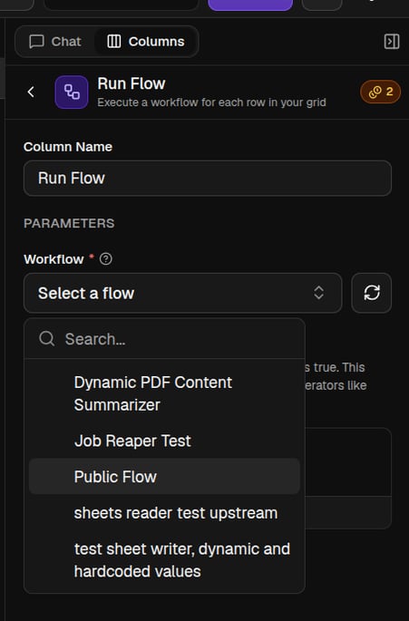 A Run Flow column with the flow picker open