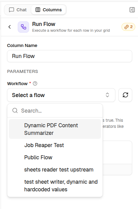 A Run Flow column with the flow picker open