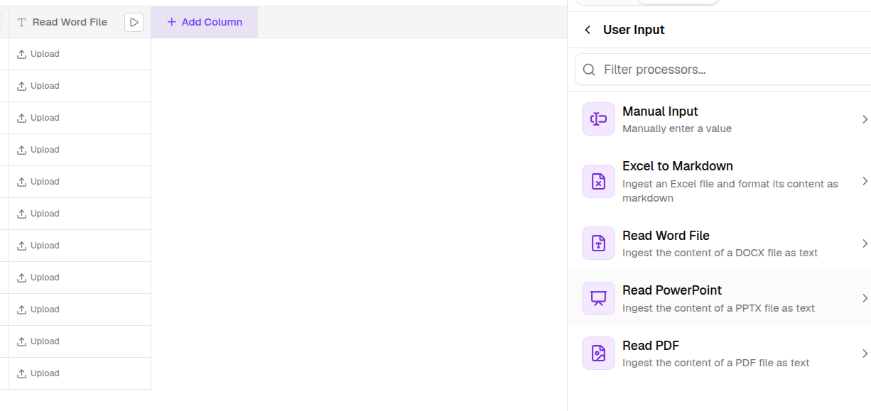 A file upload cell with its upload and process controls