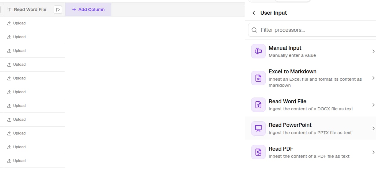 A file upload cell with its upload and process controls