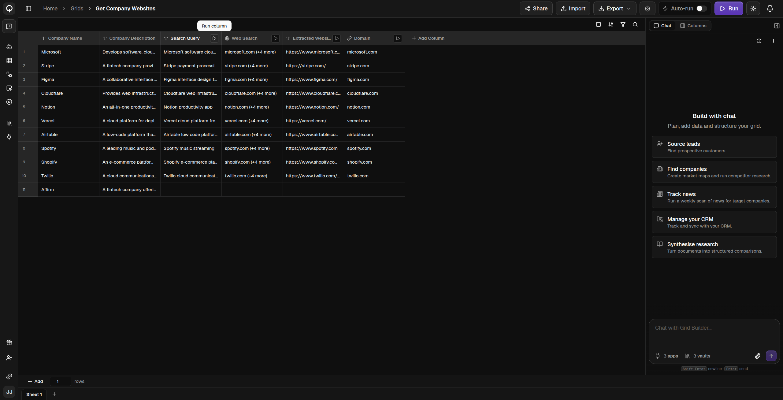 Running a single column from the play icon on its header