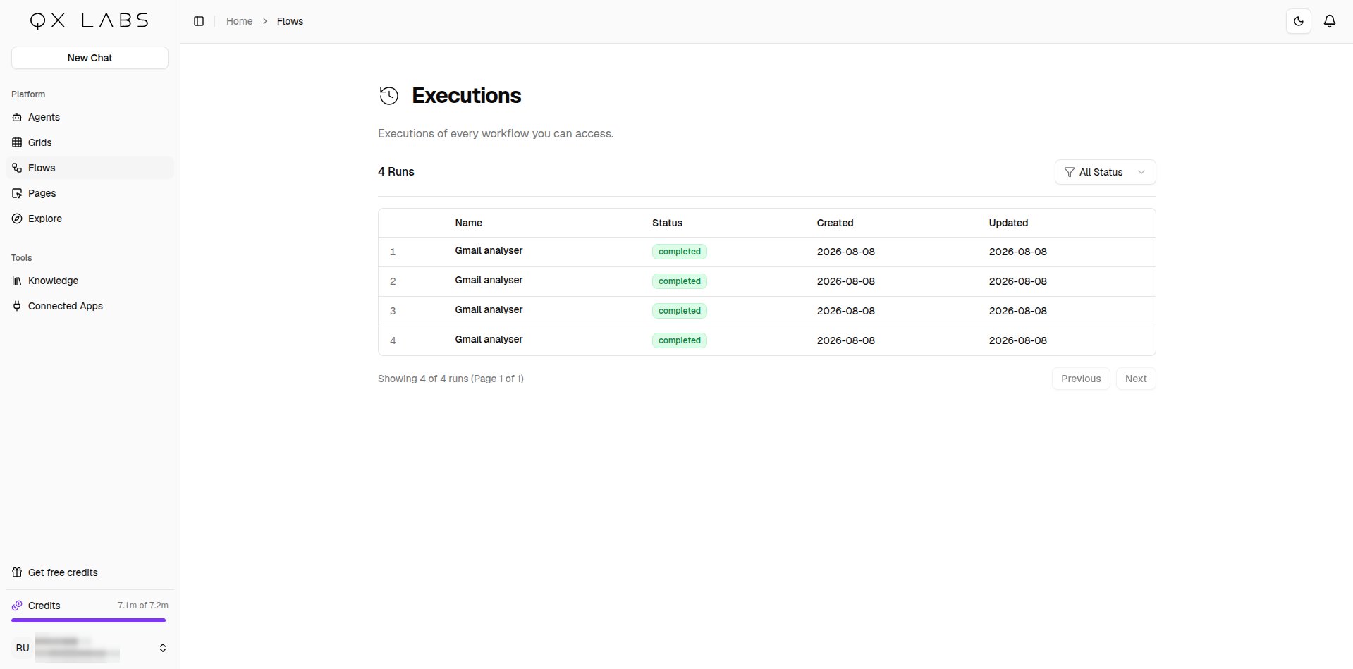 The Executions list showing past runs with their status and timestamps