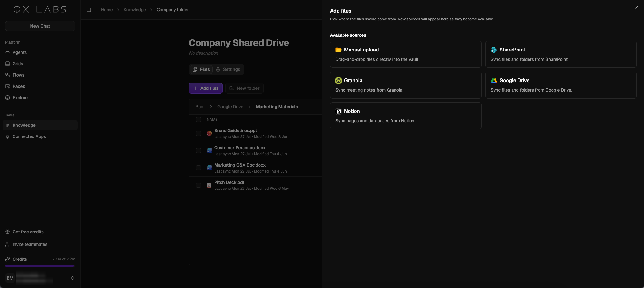 The Add files panel listing the available sources