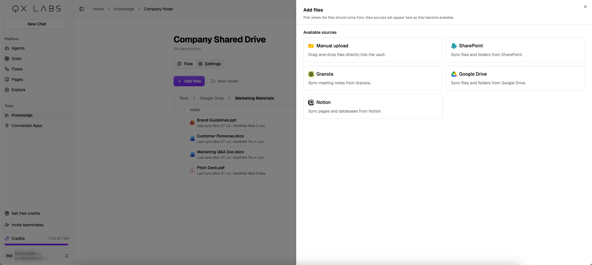 The Add files panel listing the available sources