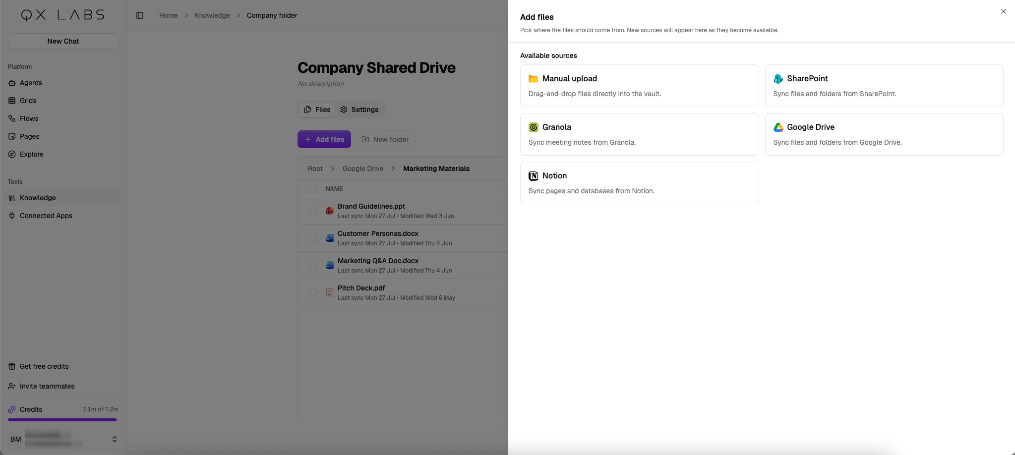 The Add files panel listing the available sources
