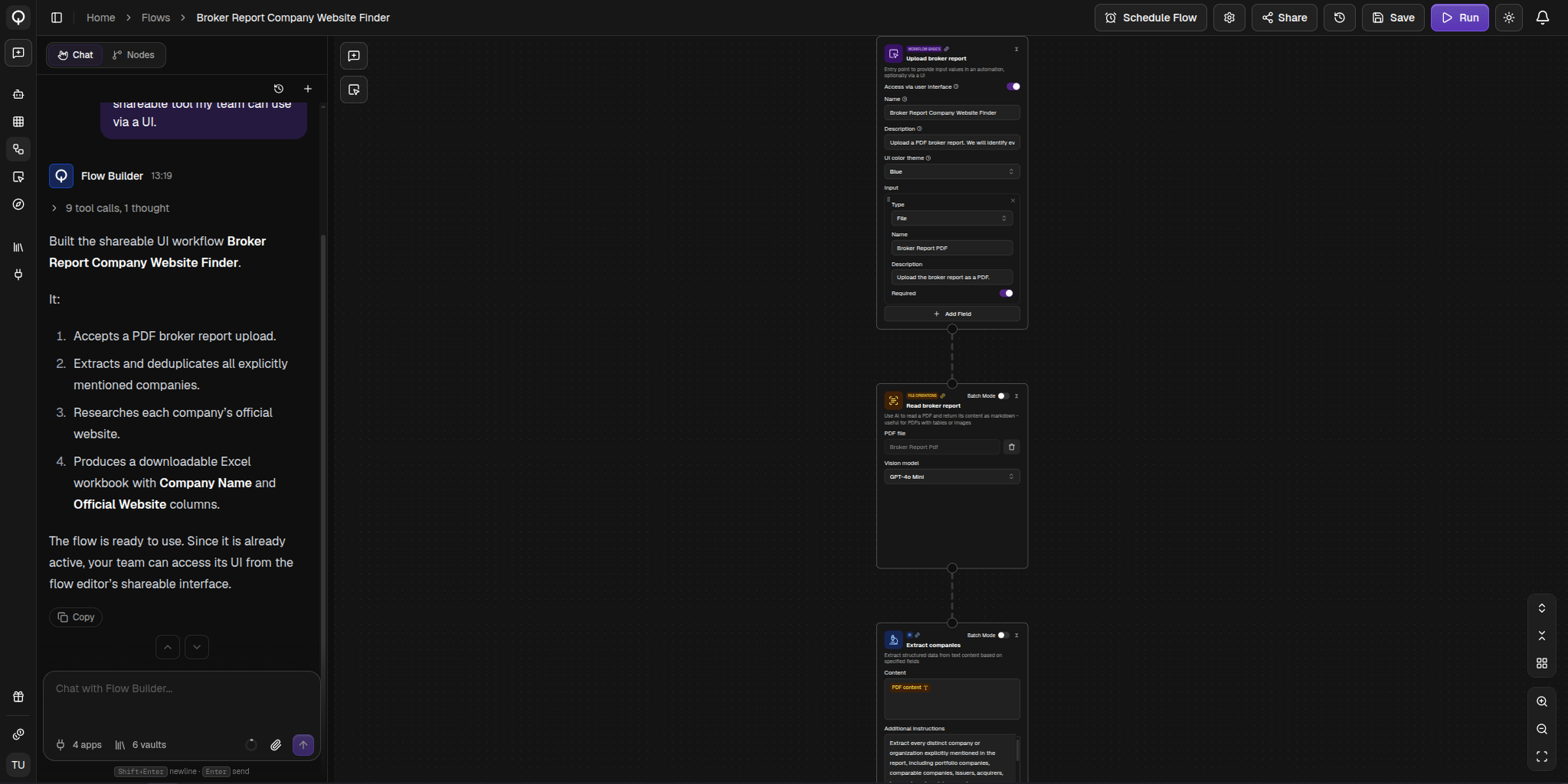 The flow builder's Chat tab with the canvas updating as the flow is built