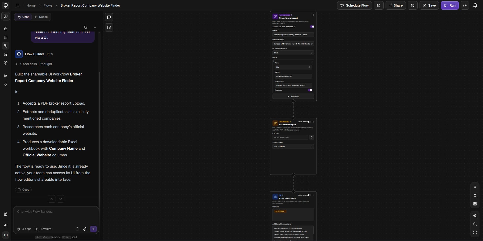 The flow builder's Chat tab with the canvas updating as the flow is built