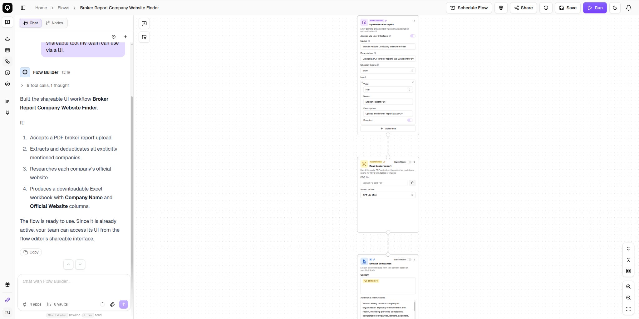 The flow builder's Chat tab with the canvas updating as the flow is built