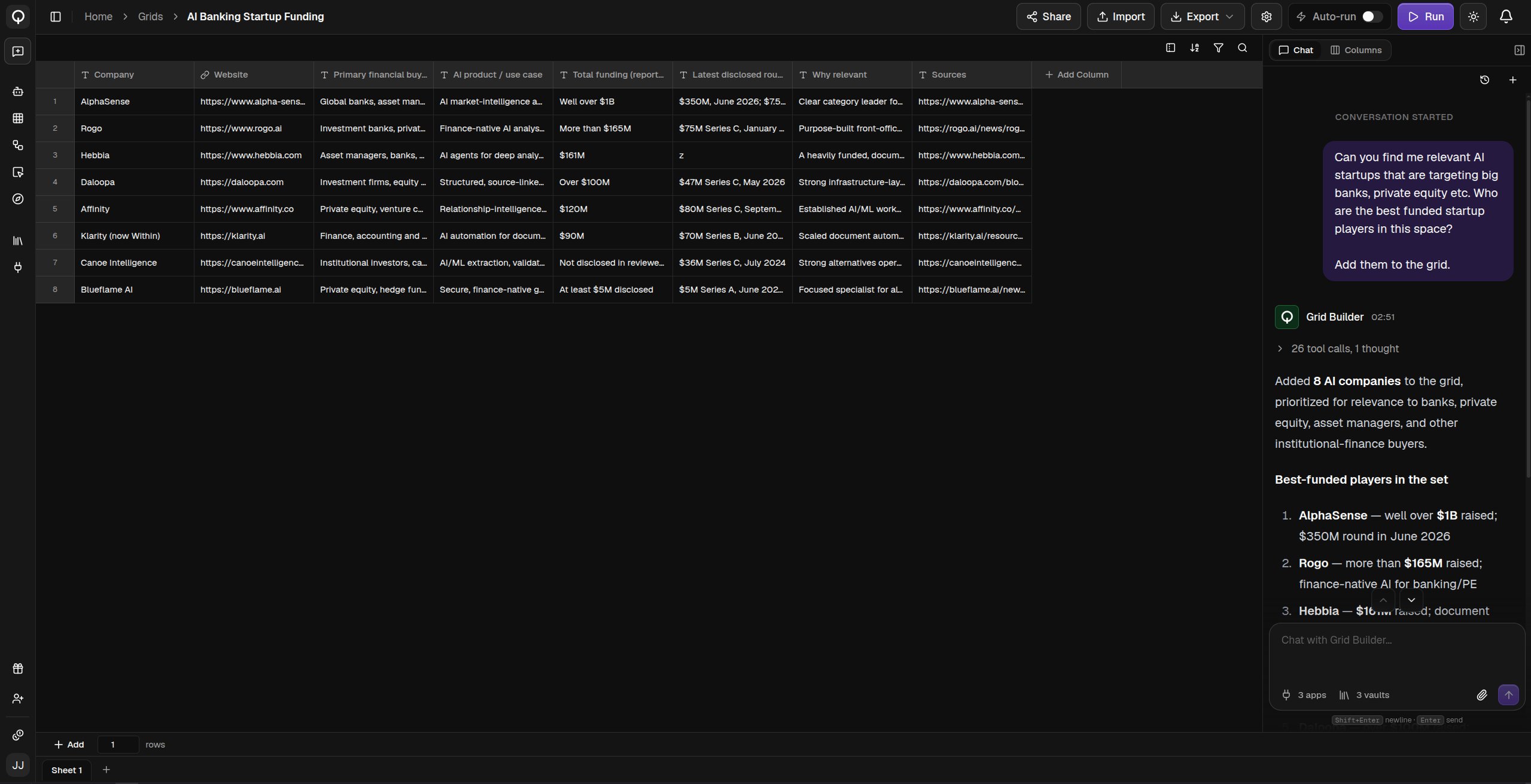 The grid editor's Chat tab with the grid it built and its steps