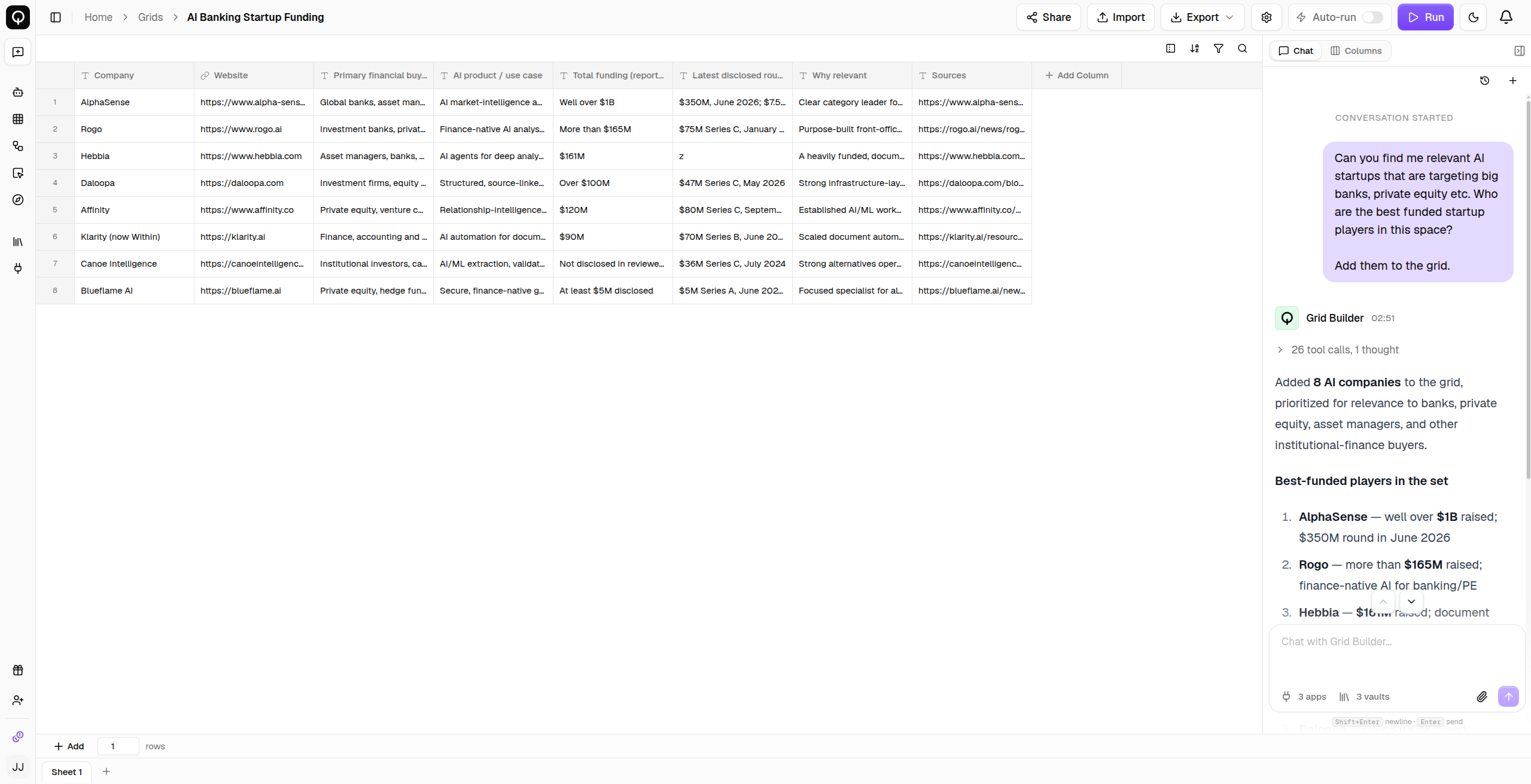 The grid editor's Chat tab with the grid it built and its steps