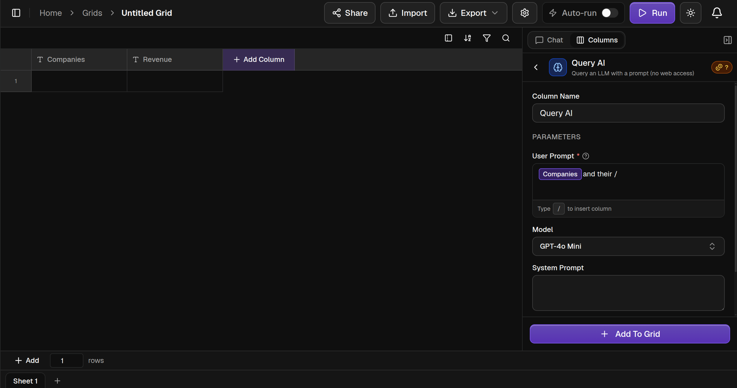 The column picker that opens when you type / in a processor field