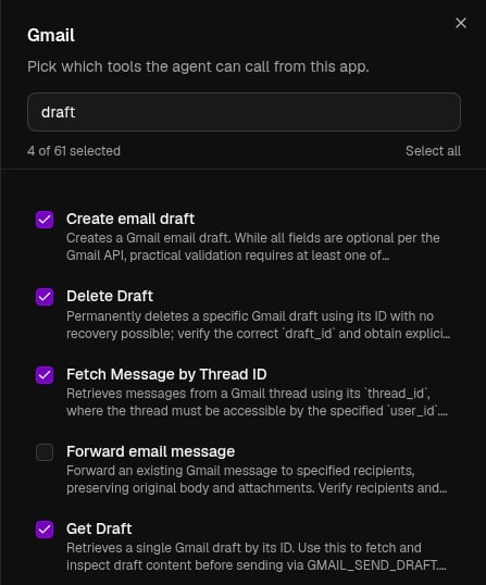 Per-app tool picker for Gmail, filtered to draft tools