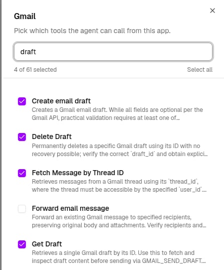 Per-app tool picker for Gmail, filtered to draft tools