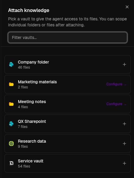 Attach knowledge dialog listing available vaults