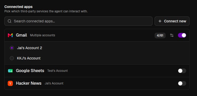 Connected apps section with Gmail expanded to show its accounts