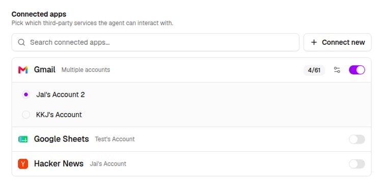 Connected apps section with Gmail expanded to show its accounts