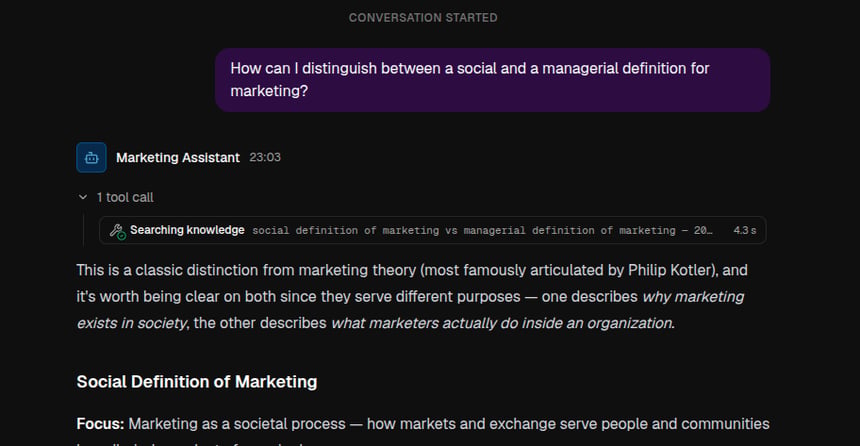 A chat answer grounded in knowledge, with a Searching knowledge tool call