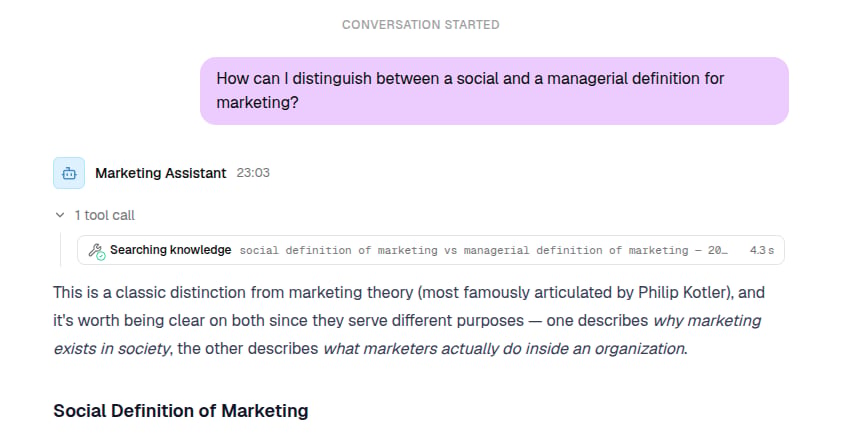 A chat answer grounded in knowledge, with a Searching knowledge tool call