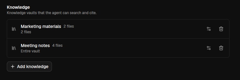 Knowledge section of the agent editor listing attached vaults