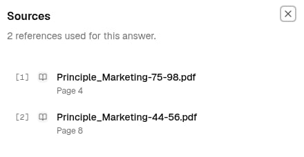 The Sources panel showing two cited PDF passages with page numbers
