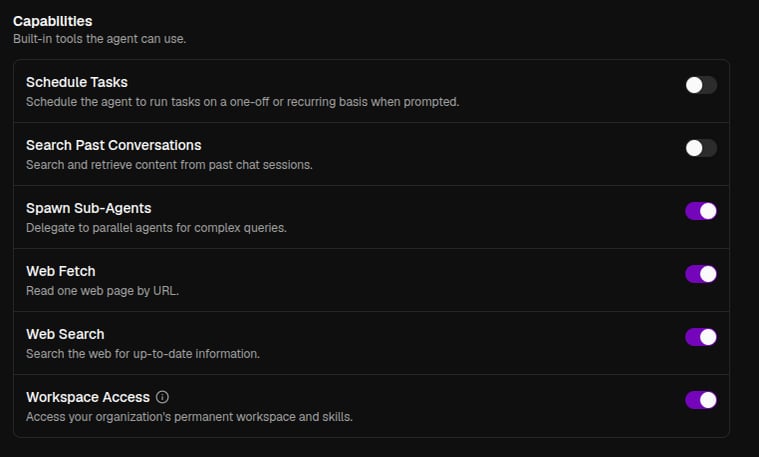 An agent's capability toggles, with the Workspace Access switch below them