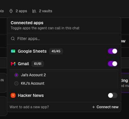 The Connected apps popover with per-app toggles