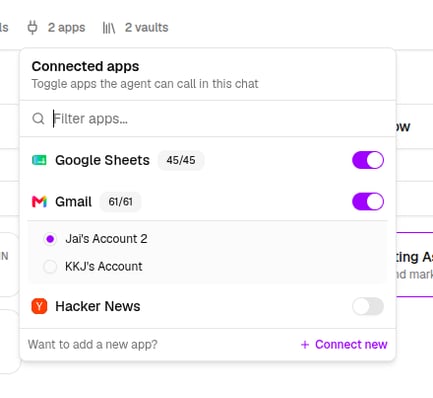 The Connected apps popover with per-app toggles